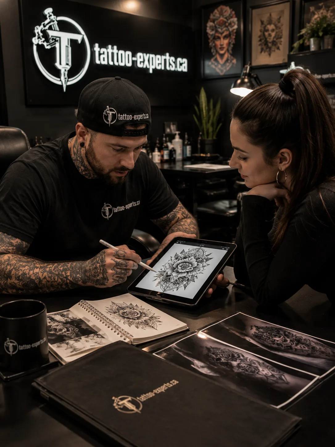 Consultation artistique avec un client, dessin sur tablette