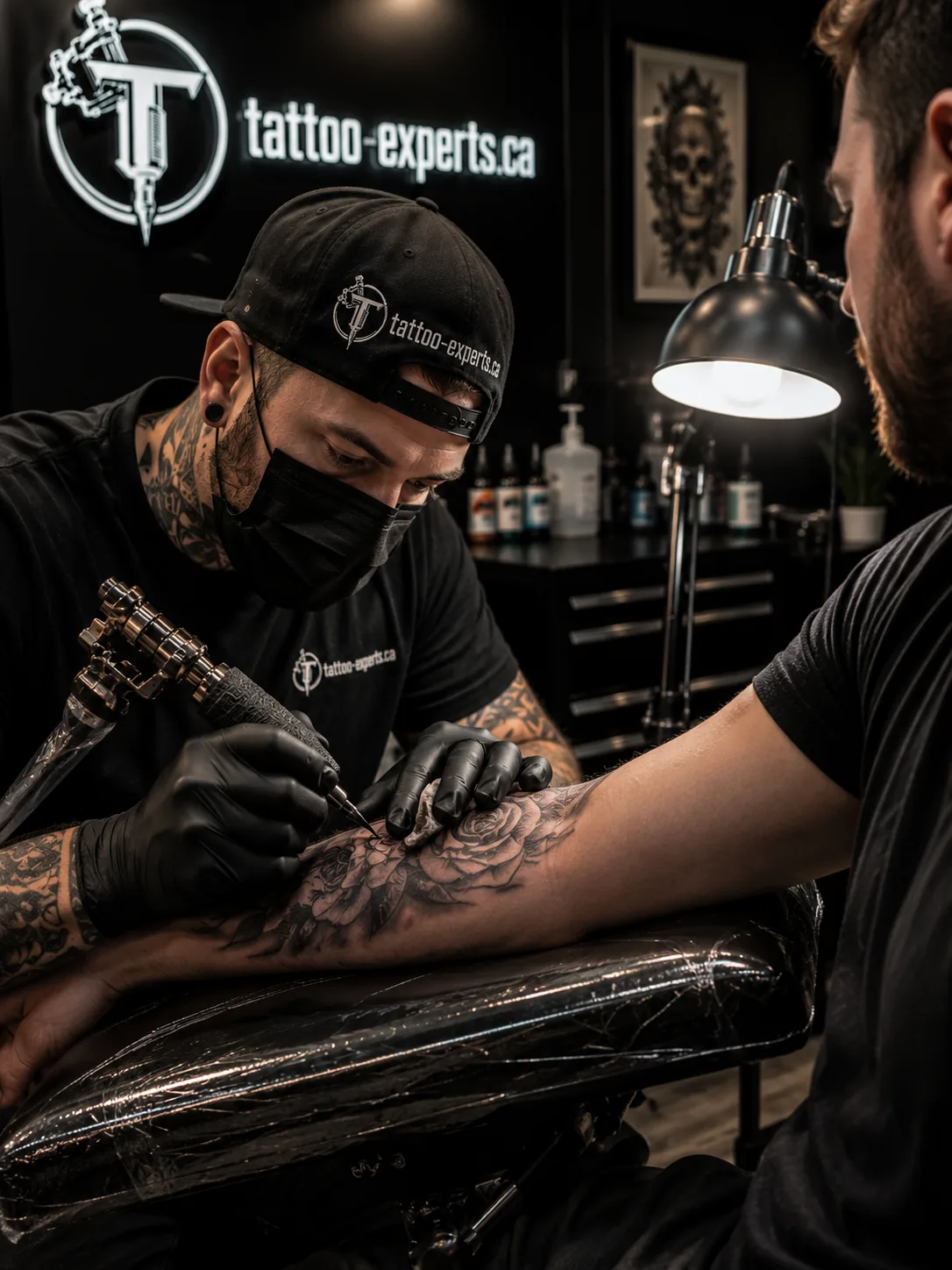 Tatouage floral en noir et gris sur un avant-bras